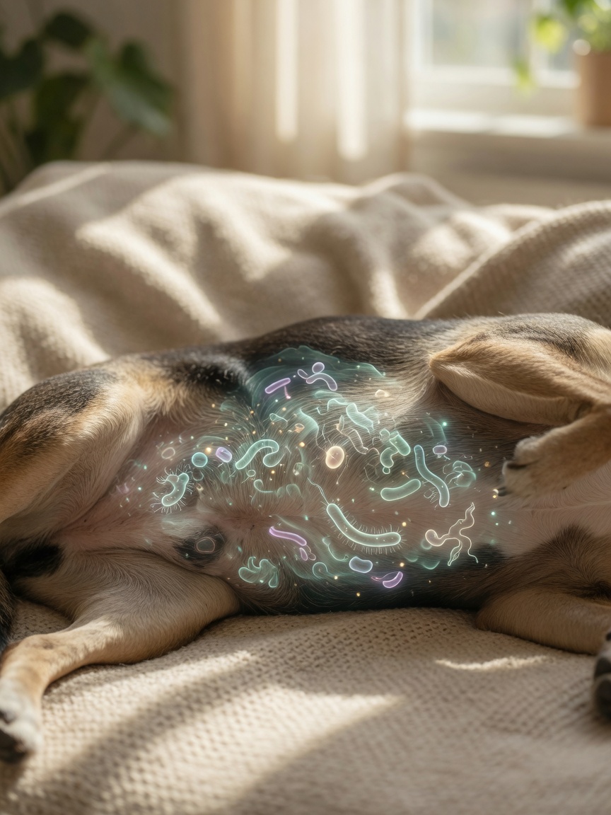 Ilustração do microbioma intestinal saudável de um cão com visualização de bactérias benéficas
