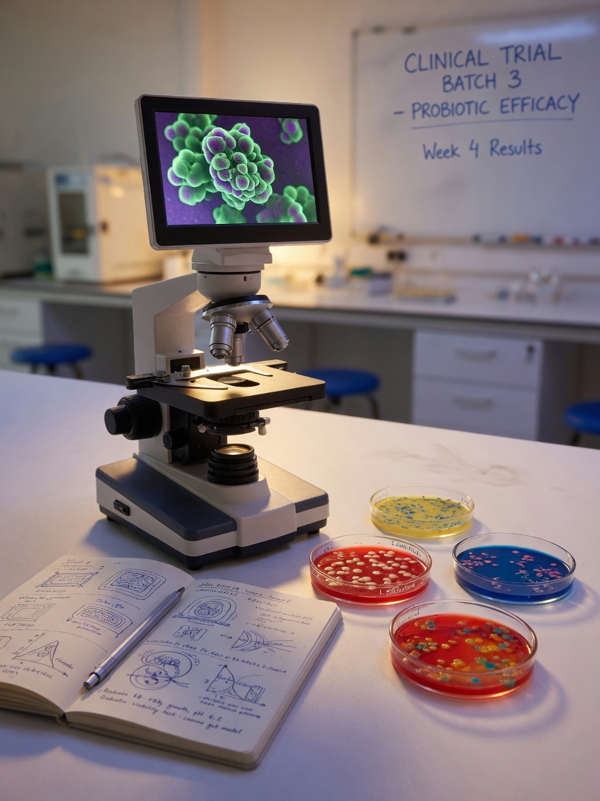 Laboratory microscope with petri dishes showing probiotic bacterial culture strains in different growth media