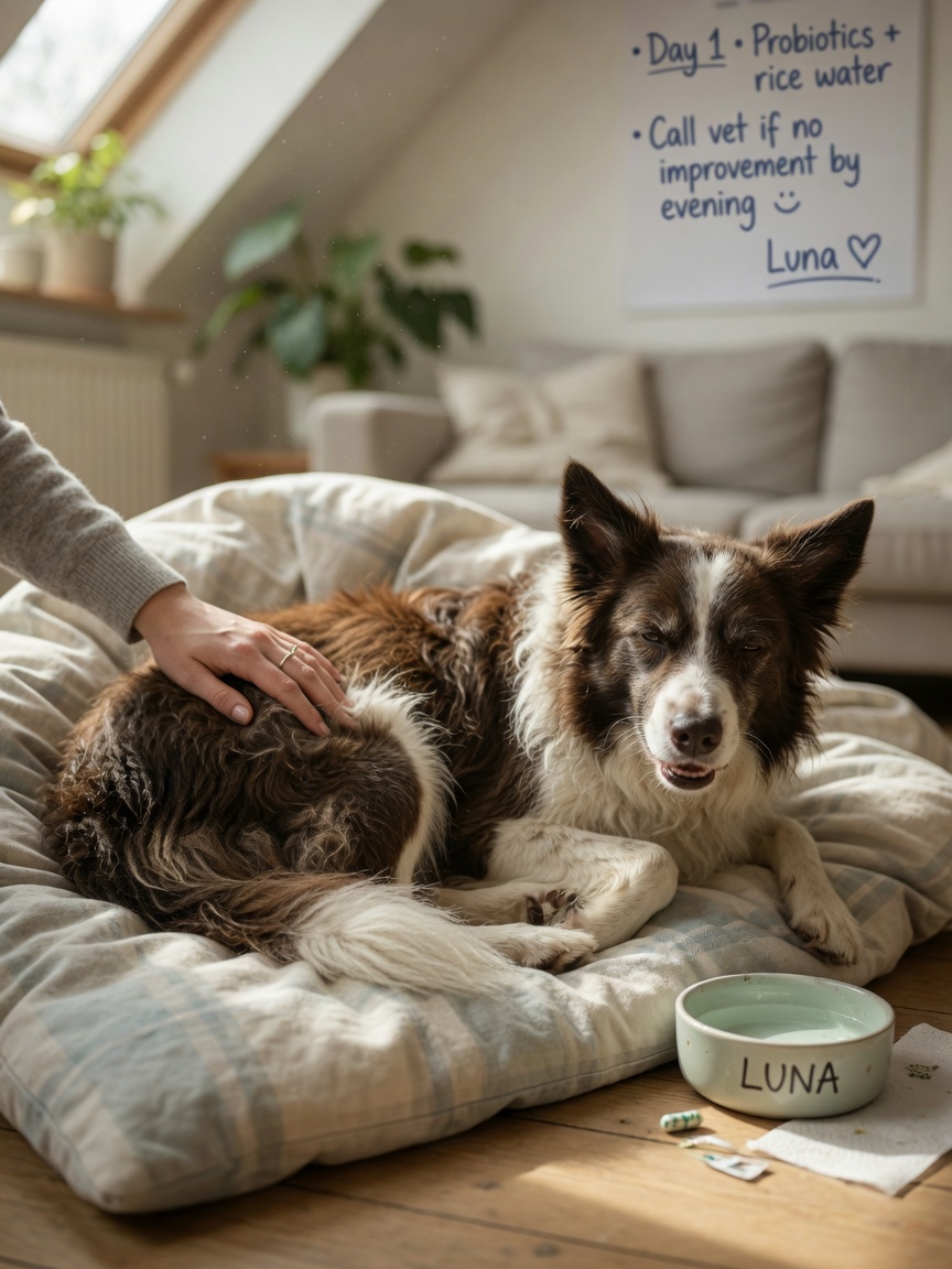 Owner comforting a sick border collie recovering from acute diarrhea with supportive hand contact