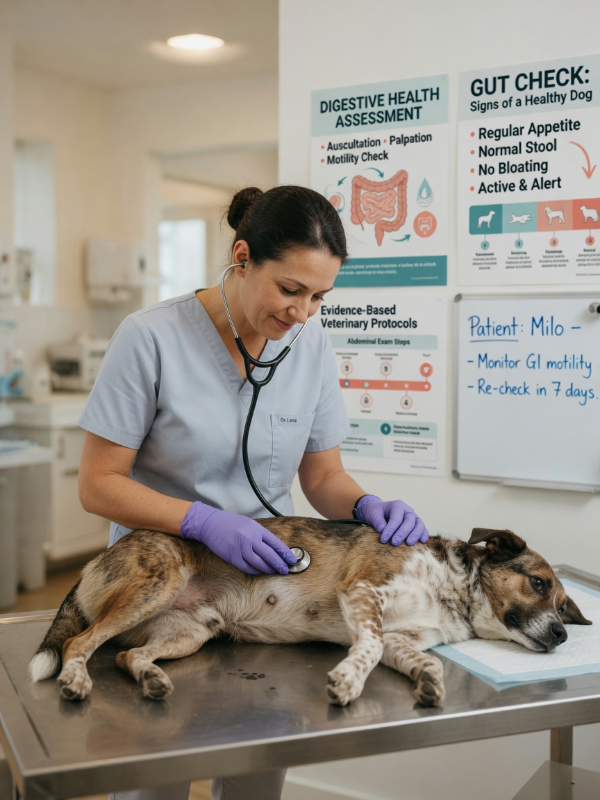Veterinarian examining dog's abdomen with stethoscope on examination table in clinic setting