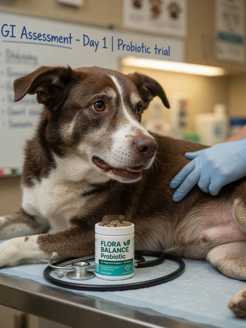 Veterinarian examining dog's abdomen with probiotic supplement on examination table