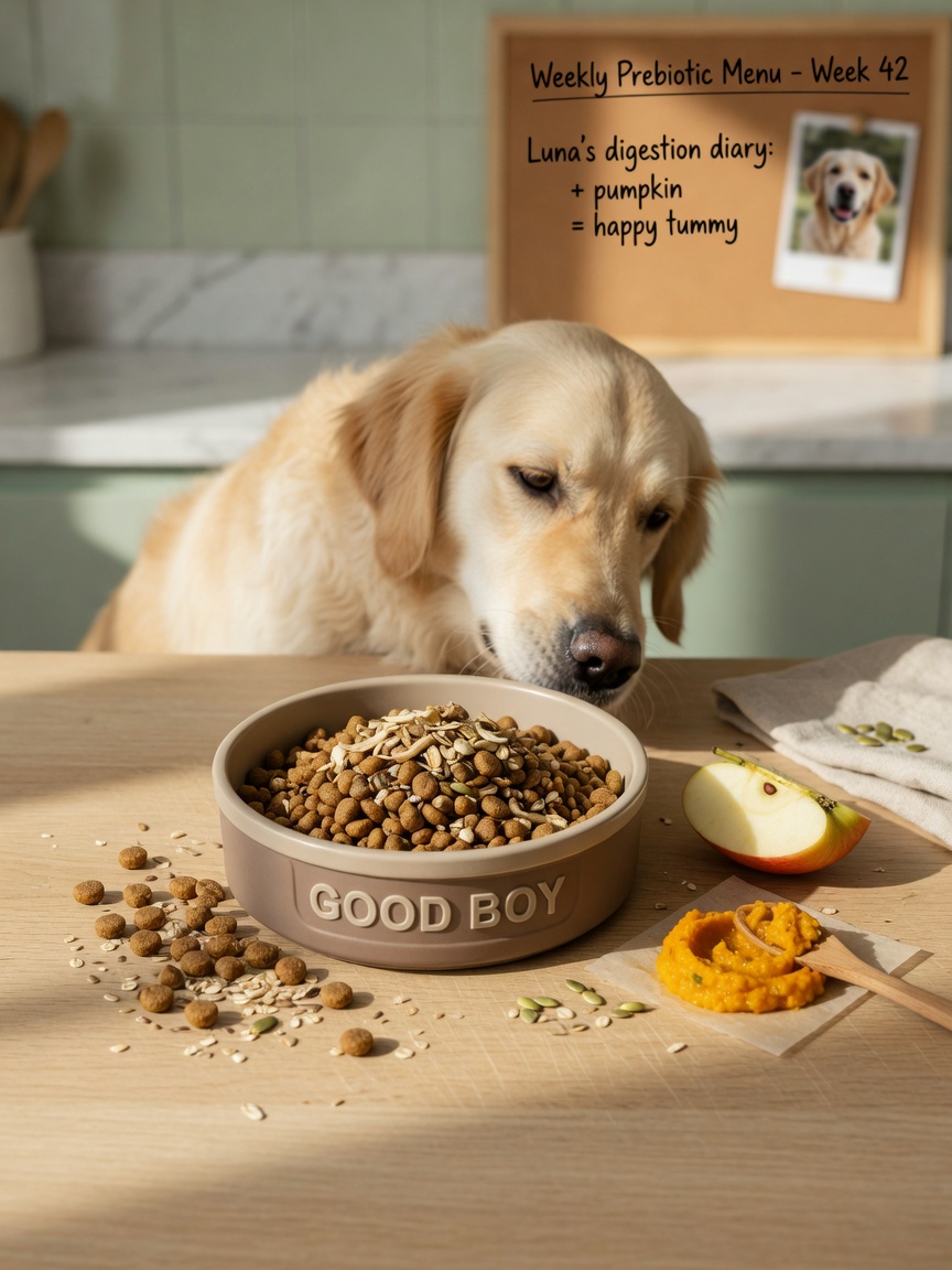 Dog's food bowl with natural prebiotic ingredients and golden retriever sniffing nearby