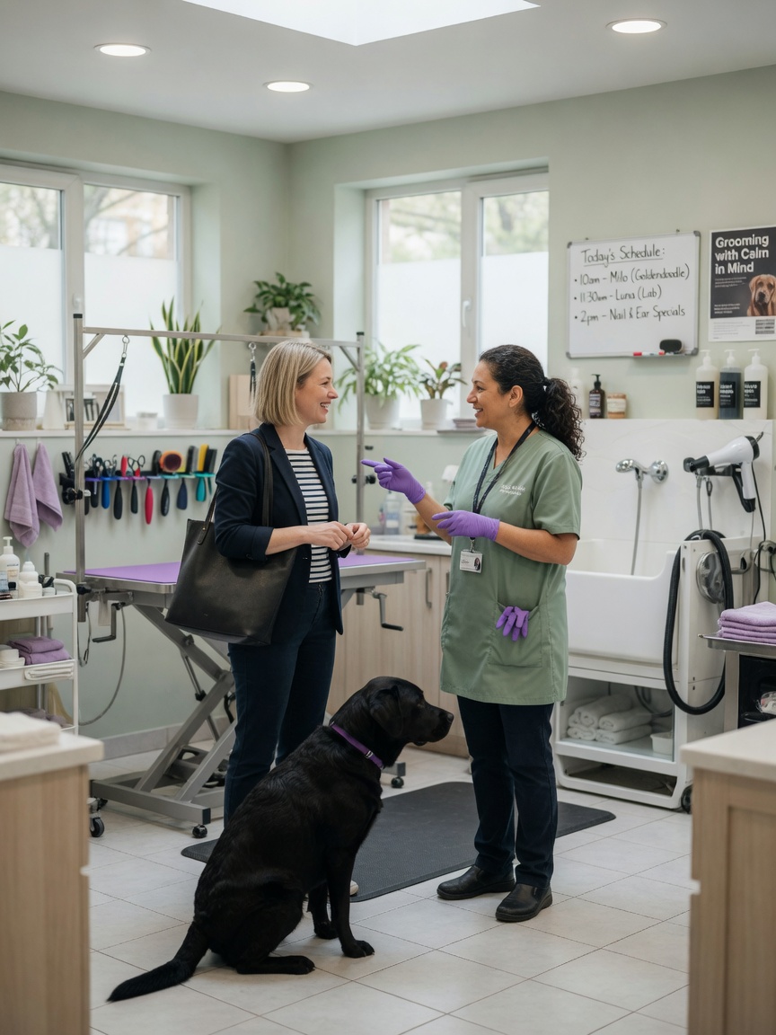 Dog owner and groomer discussing grooming services in a professional salon with visible facilities