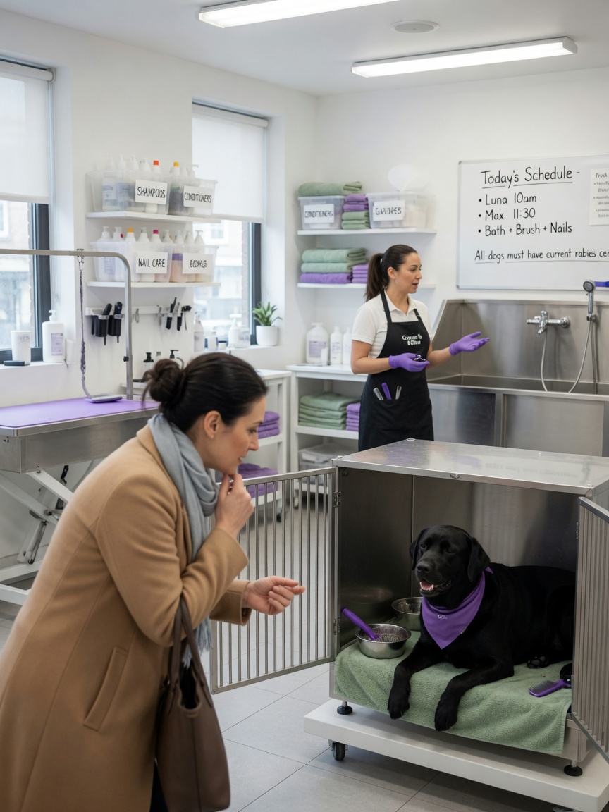 Owner visiting a grooming salon facility to observe cleanliness and observe a relaxed dog in a crate
