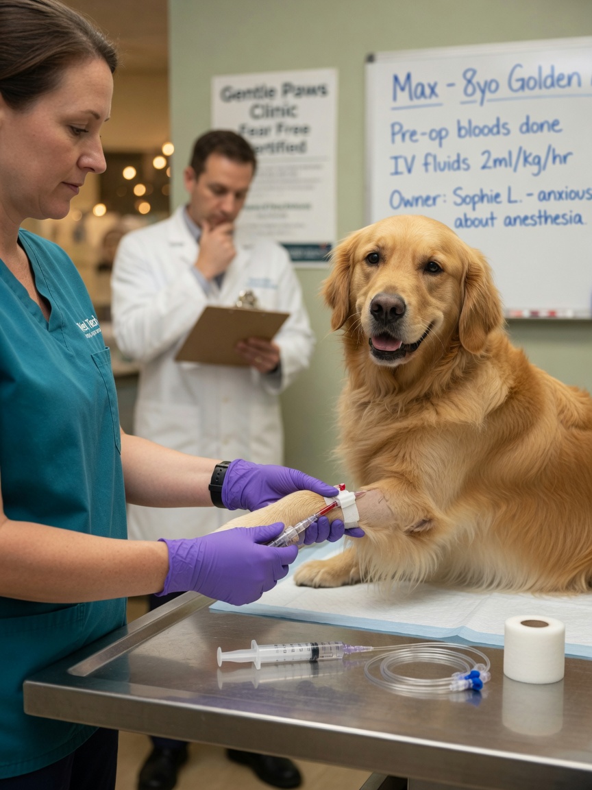 Veterinary technician inserting IV catheter into dog's front leg during pre-anesthesia procedure