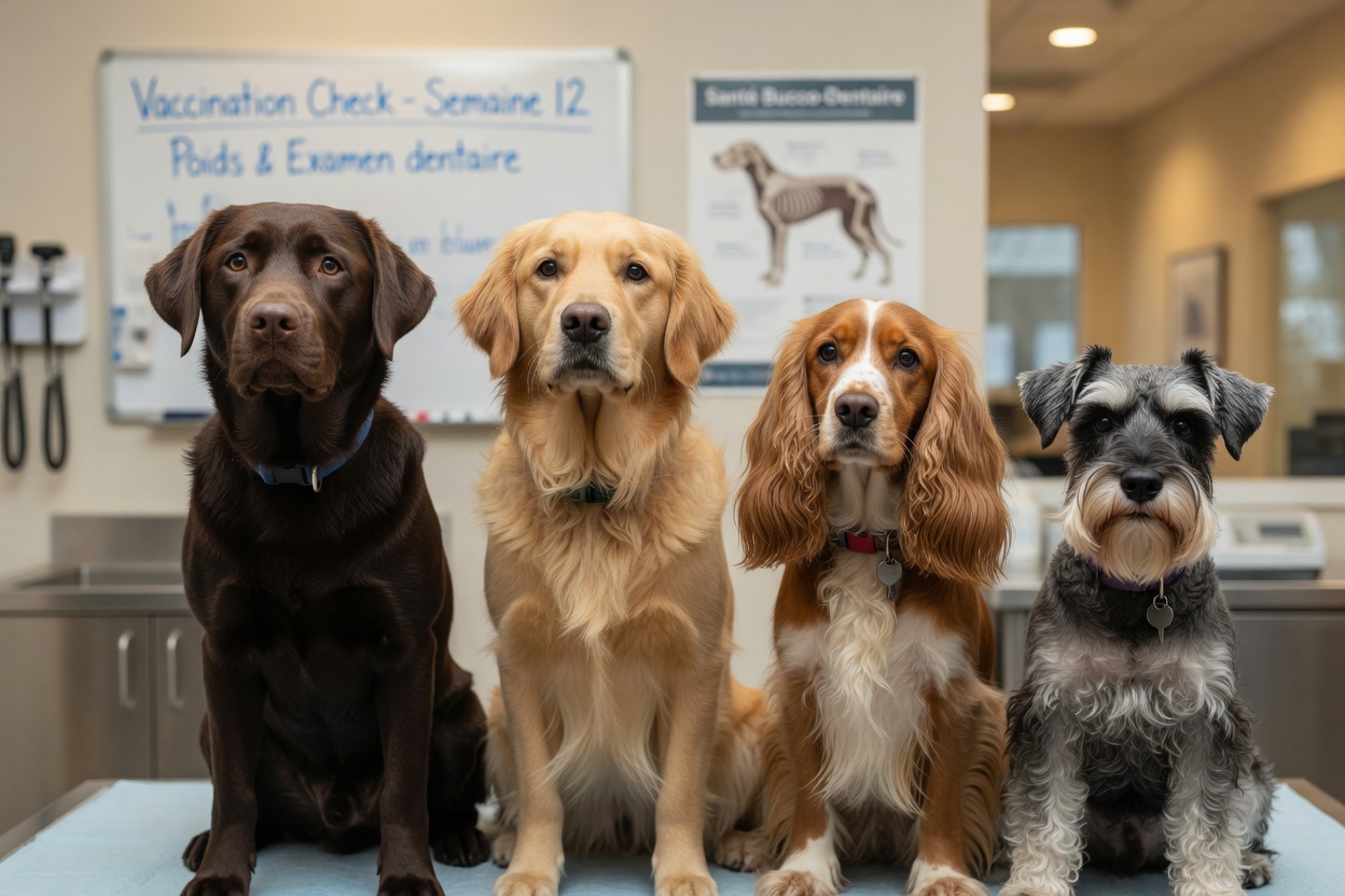 Four dog breeds most at risk of progressive retinal atrophy: Labrador Retriever, Golden Retriever, Cocker Spaniel, and Miniature Schnauzer sitting together
