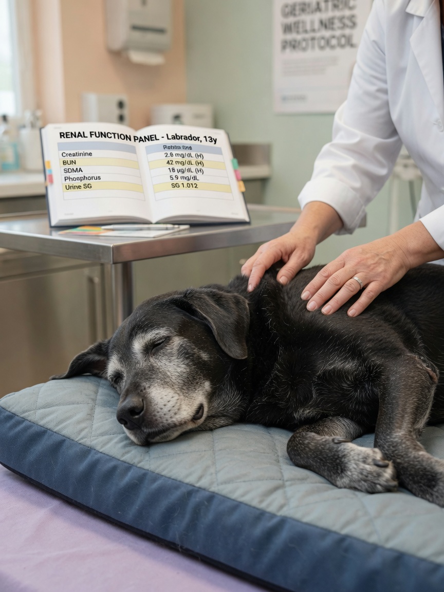 Veterinarian assessing muscle condition in senior dog during kidney health evaluation