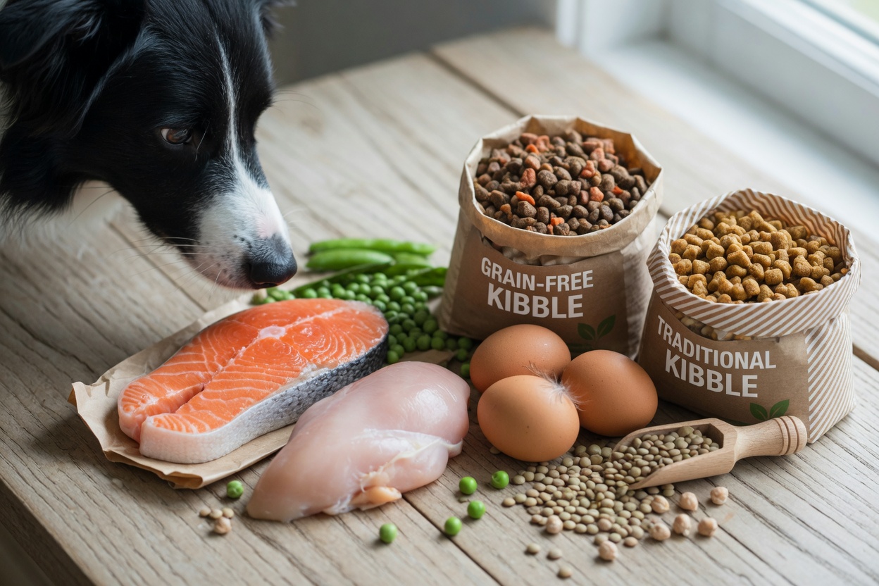 Array of protein and carbohydrate sources including animal proteins, legumes, and grain-based kibble with dog investigating
