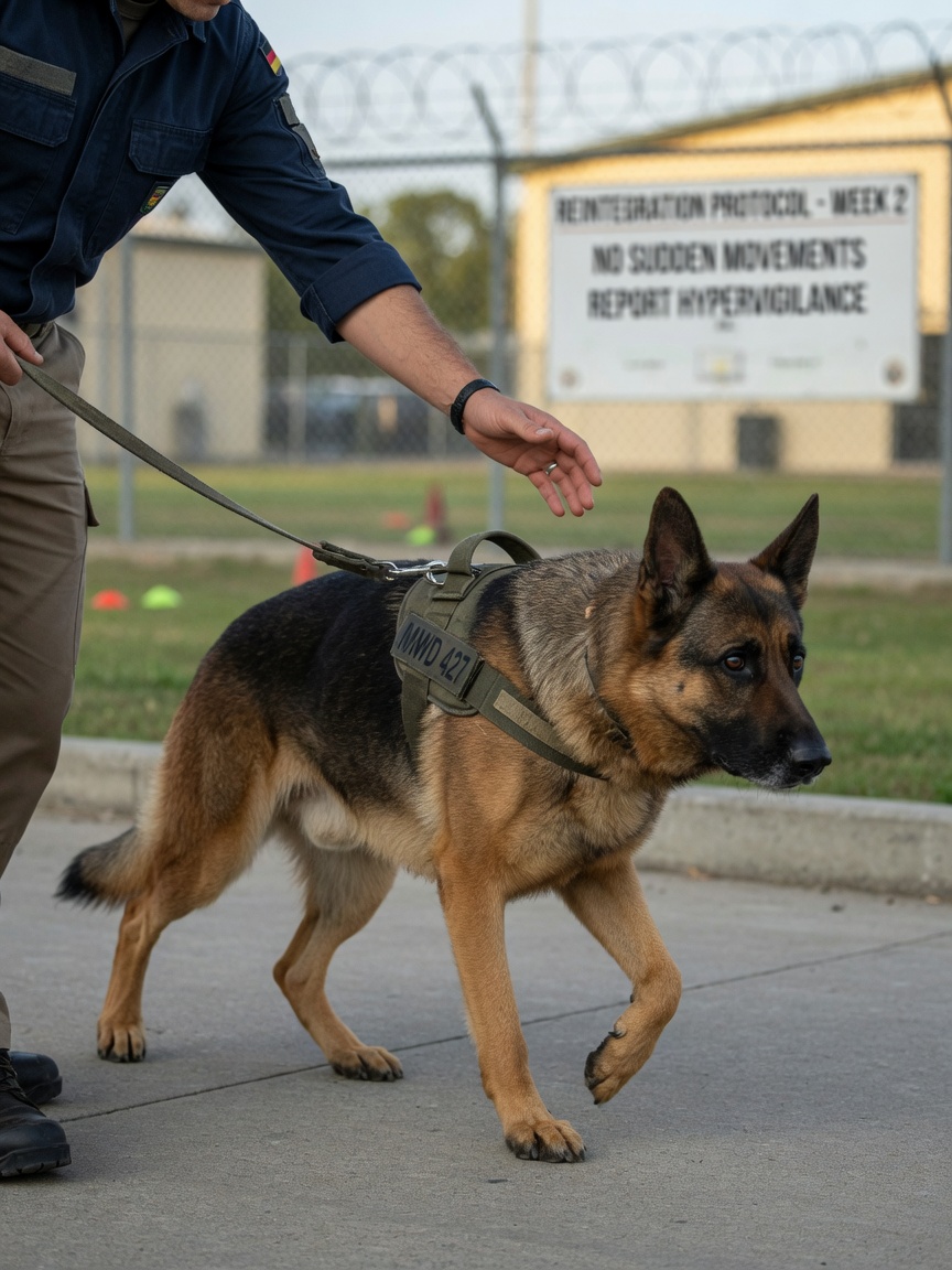 A German Shepherd military working dog displaying trauma responses after deployment, walking alongside its handler with visible signs of stress and hypervigilance.