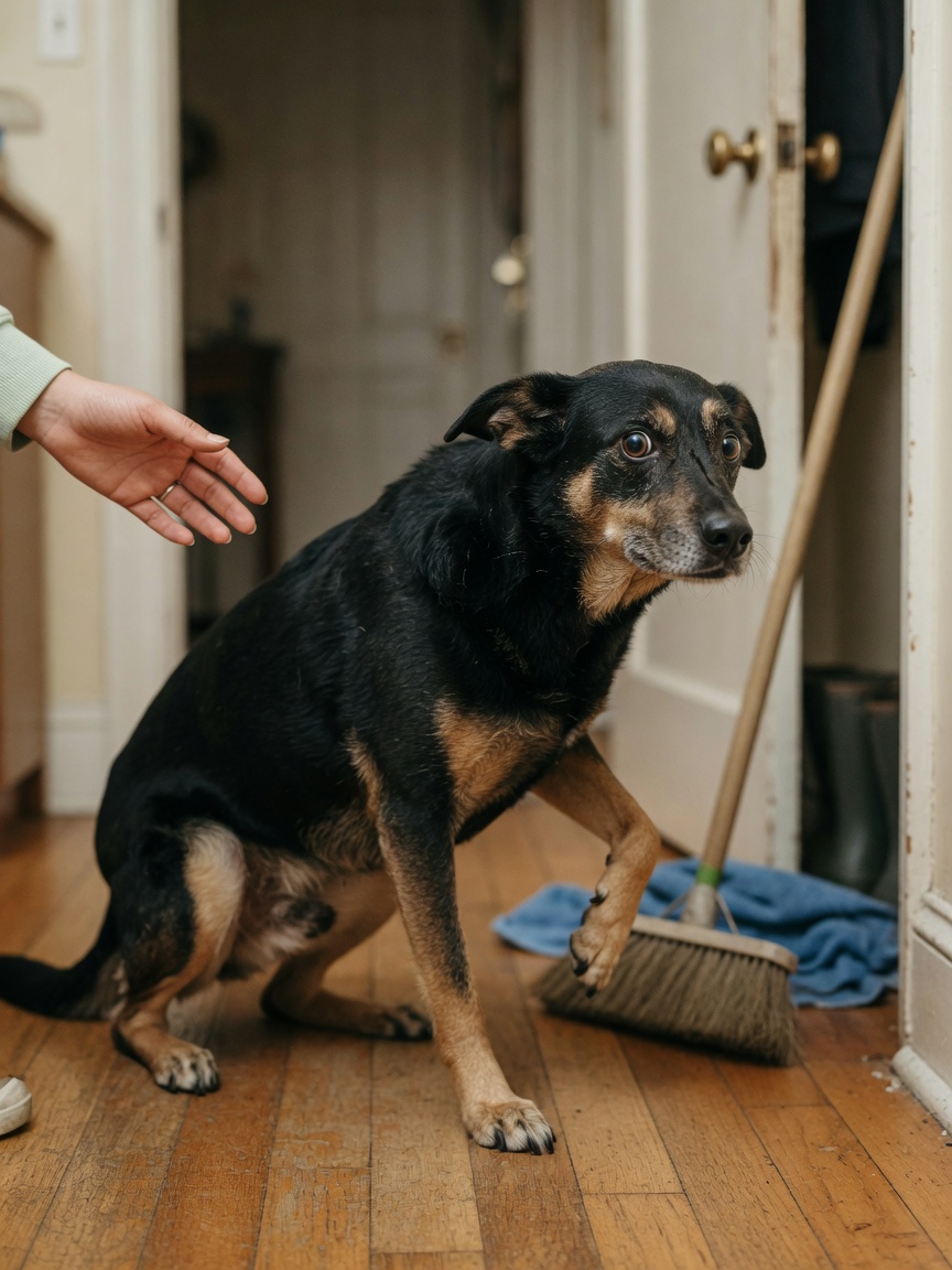 A traumatized dog frozen in a fearful, dissociative state showing exaggerated startle response with pinned ears and wide eyes, displaying behavioral signs of canine PTSD.