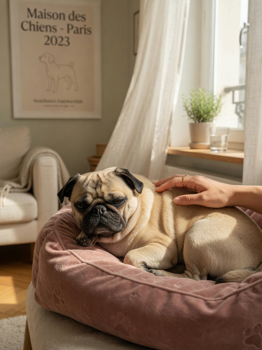 Healthy Pug resting peacefully on a soft bed with owner's caring hand, natural sunlight in background