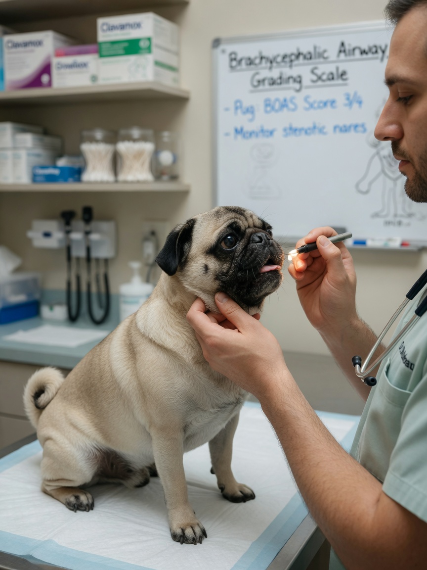 A veterinarian examining the airway of a fawn Pug on an examination table during a health assessment