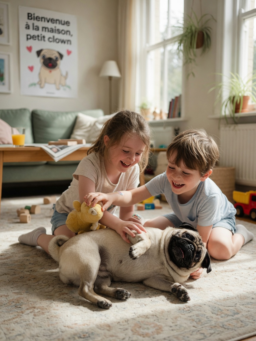 A fawn Pug with black markings playing and interacting affectionately with two young children on a living room floor