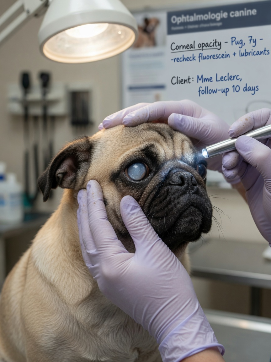Veterinarian examining a Pug's cornea with a penlight to check for ulceration