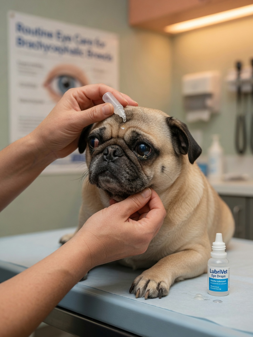 Owner applying lubricating eye drops to a Pug's dry, irritated eye