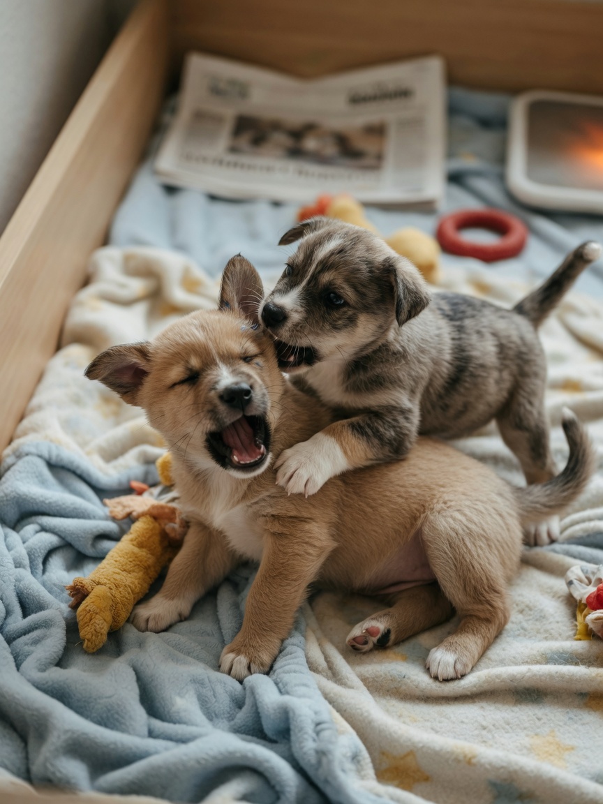 Two puppies playing together, one reacting to being bitten as they learn bite inhibition from litter mates
