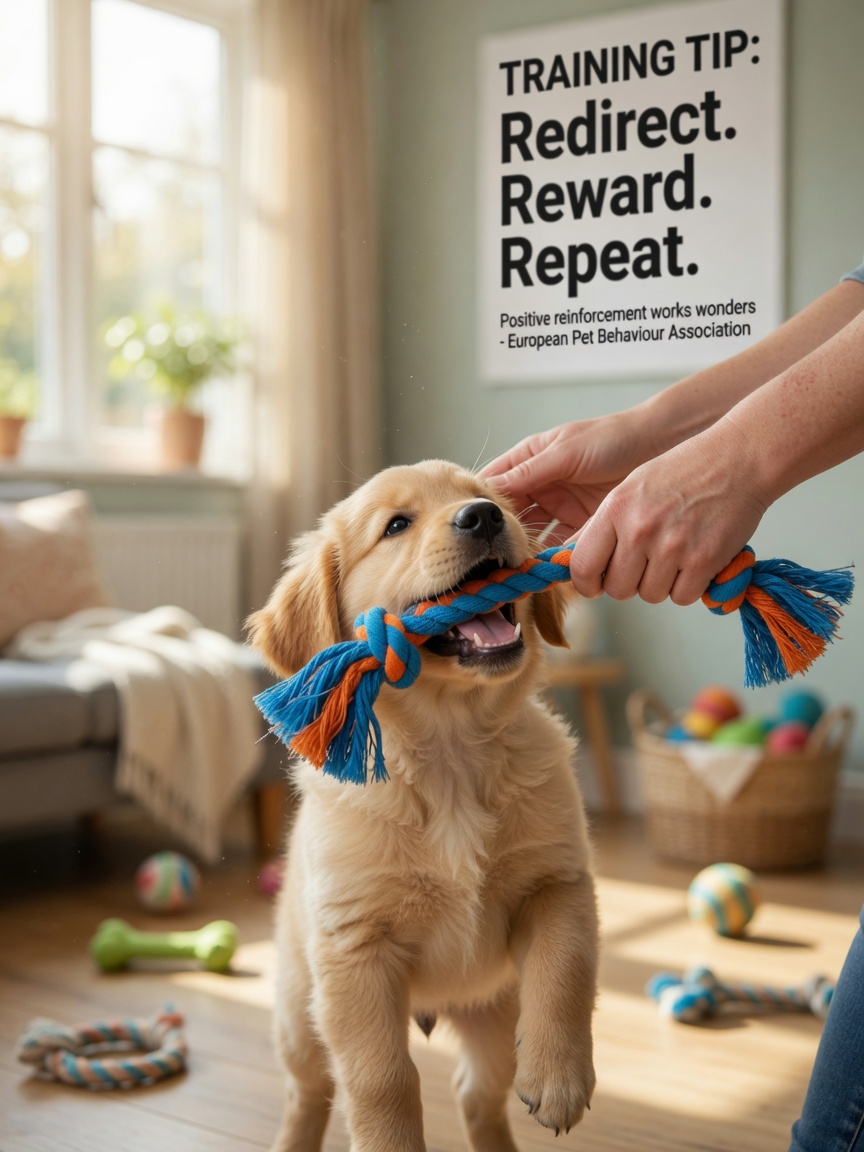 Person redirecting a puppy's mouthing behavior toward an appropriate toy during training