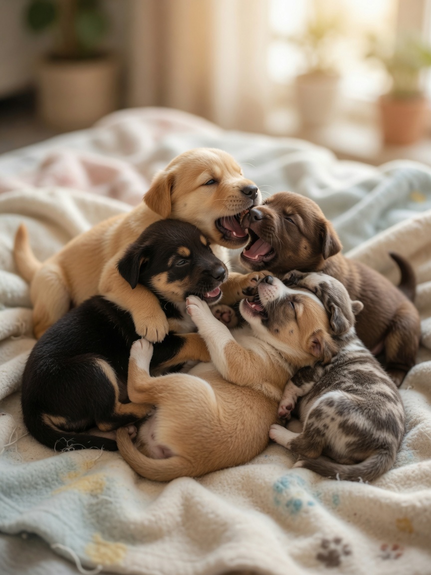 A litter of young puppies playing together and gently biting each other during natural social play
