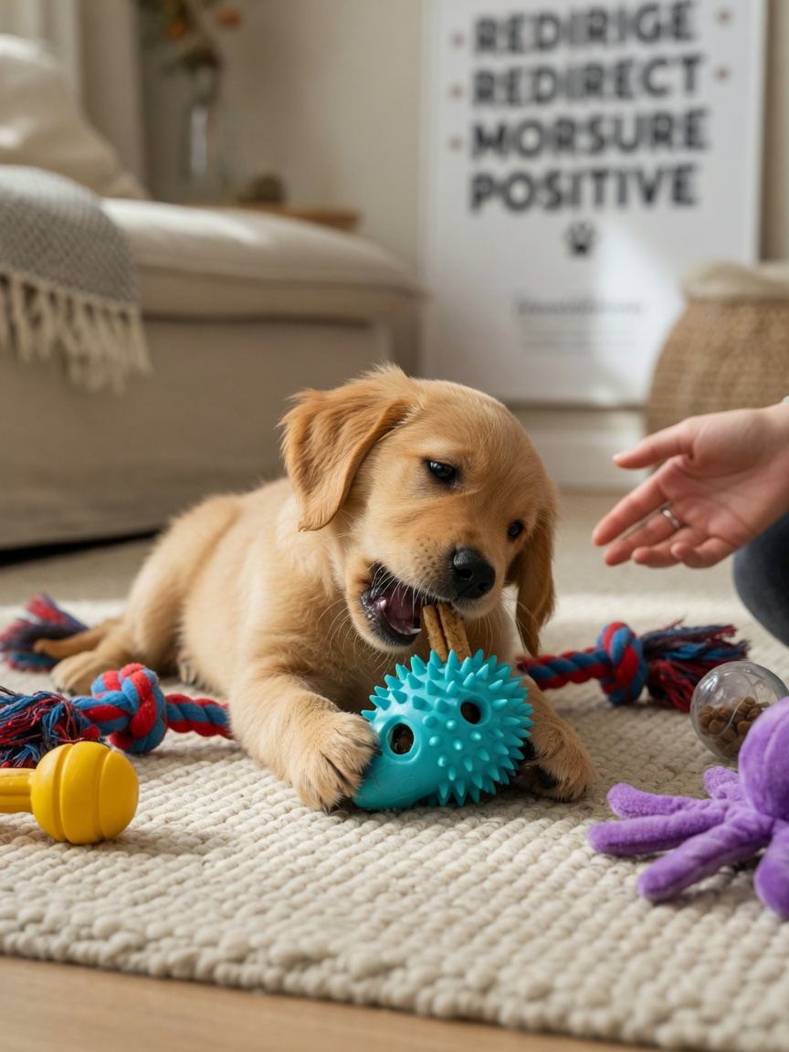 A puppy focused on chewing a rubber toy with treats, demonstrating appropriate outlet for mouthing behavior