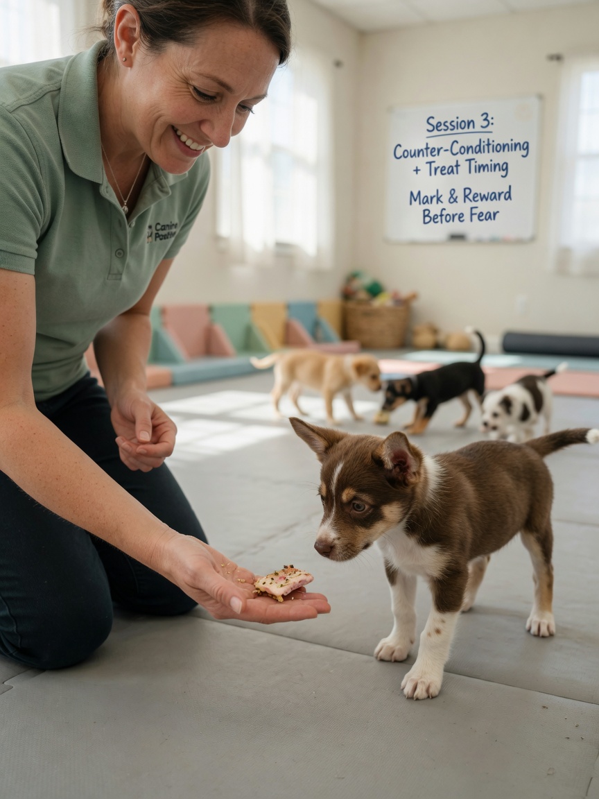 Dog trainer rewarding a shy puppy with a treat using positive reinforcement methods