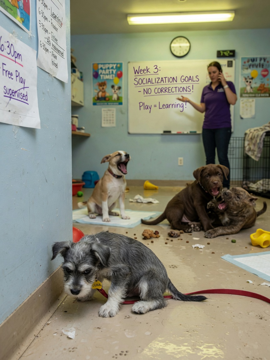 Overwhelmed puppy showing stress signals in a chaotic, poorly-supervised training environment
