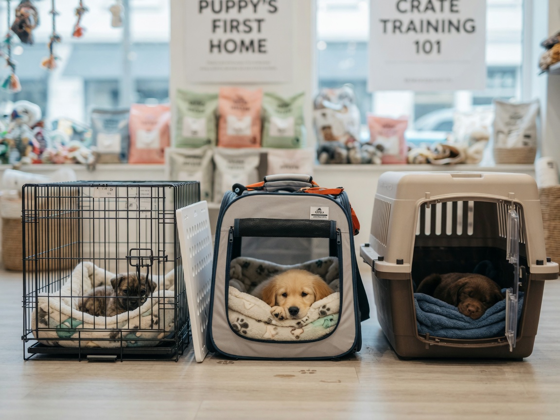 Three different types of puppy crates displayed with bedding and divider panels
