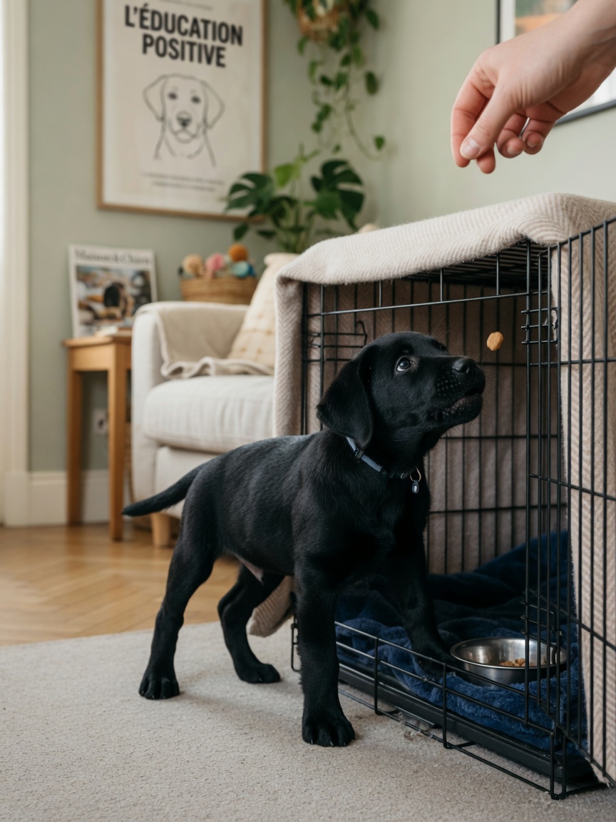 Labrador puppy entering crate with treat being offered at the entrance