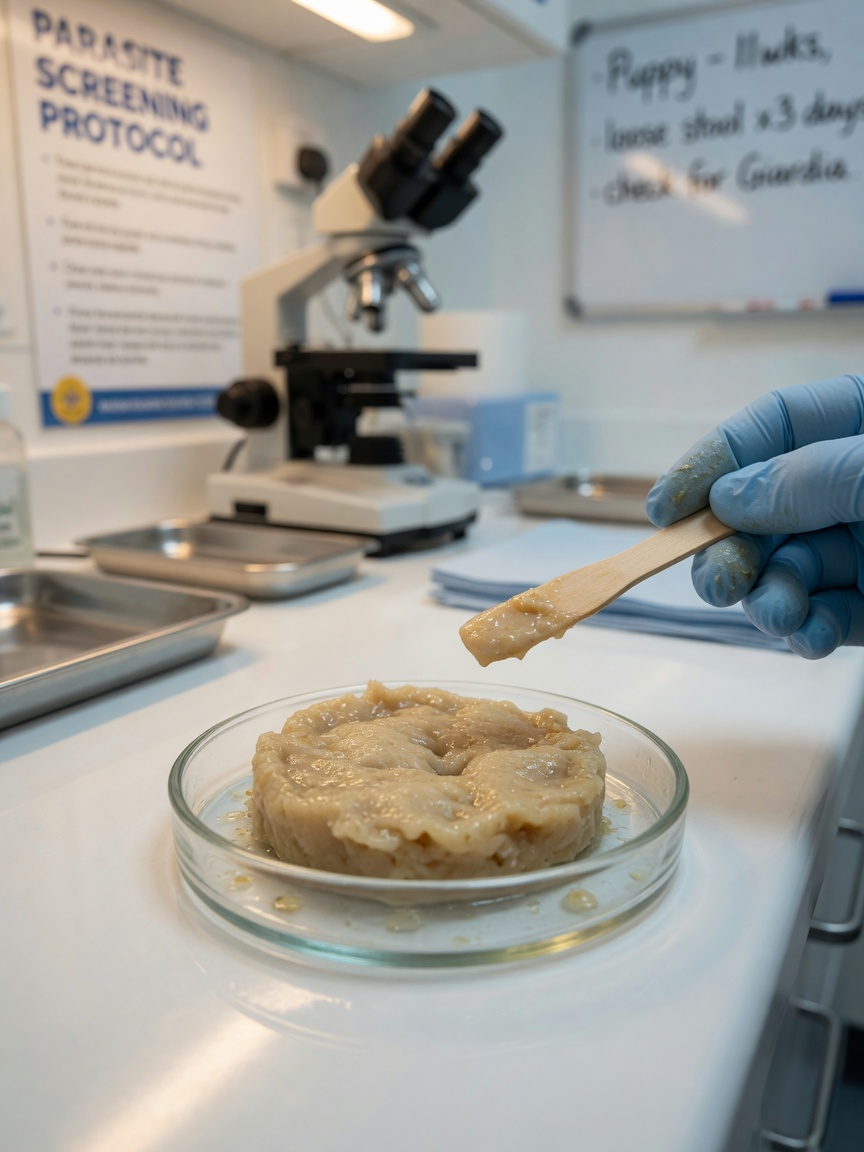 Veterinary examination of a puppy stool sample in a clear dish with microscope in clinic setting