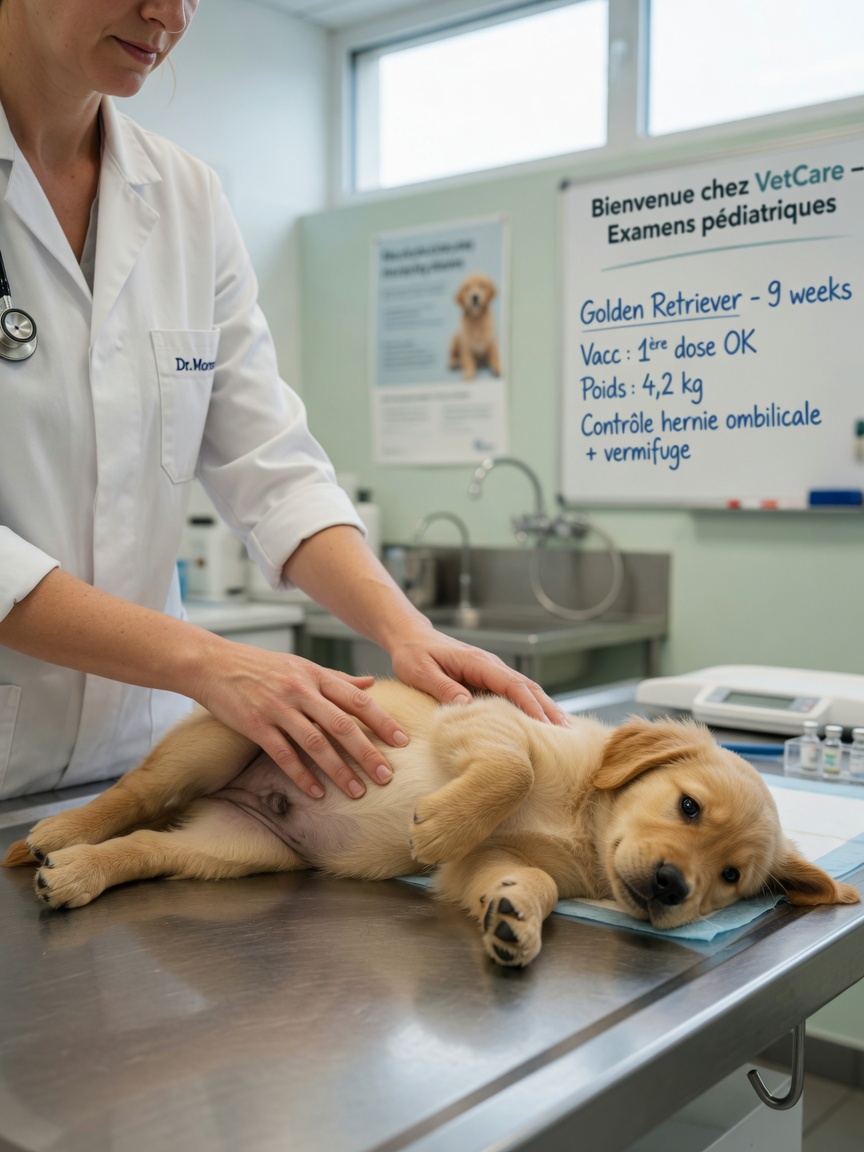 A veterinarian performing a gentle abdominal examination on a young golden retriever puppy during a clinical assessment.