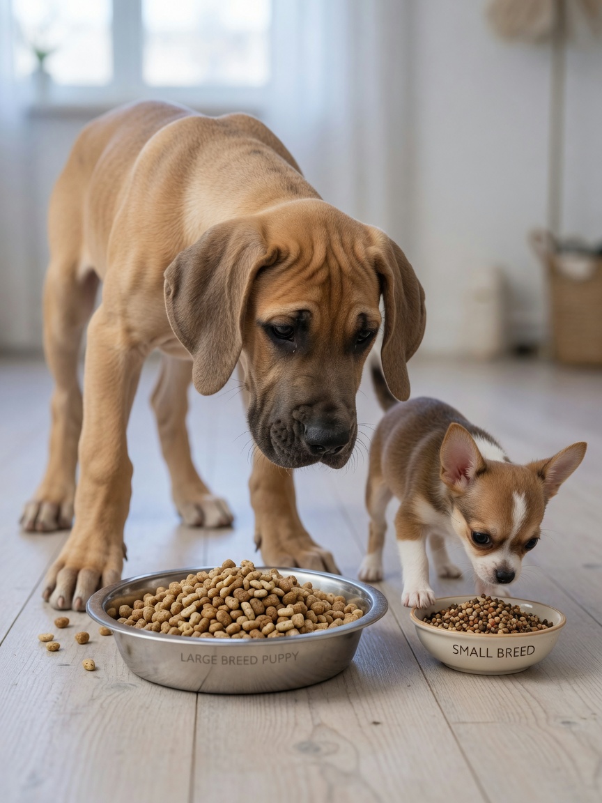 Large-breed Great Dane puppy and small-breed Chihuahua puppy eating from appropriately-sized bowls with different kibble sizes