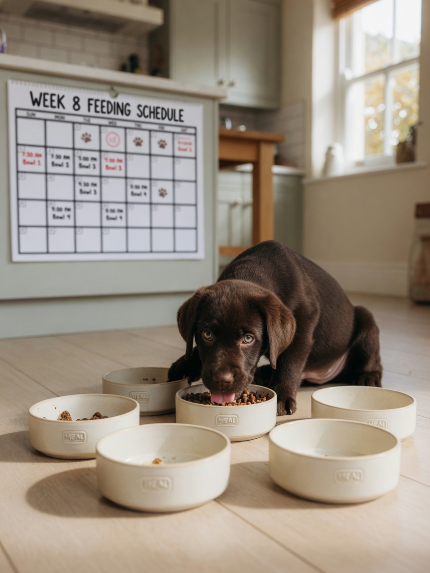 Young chocolate Labrador puppy eating from a bowl with multiple bowls visible, illustrating four daily meal feeding schedule