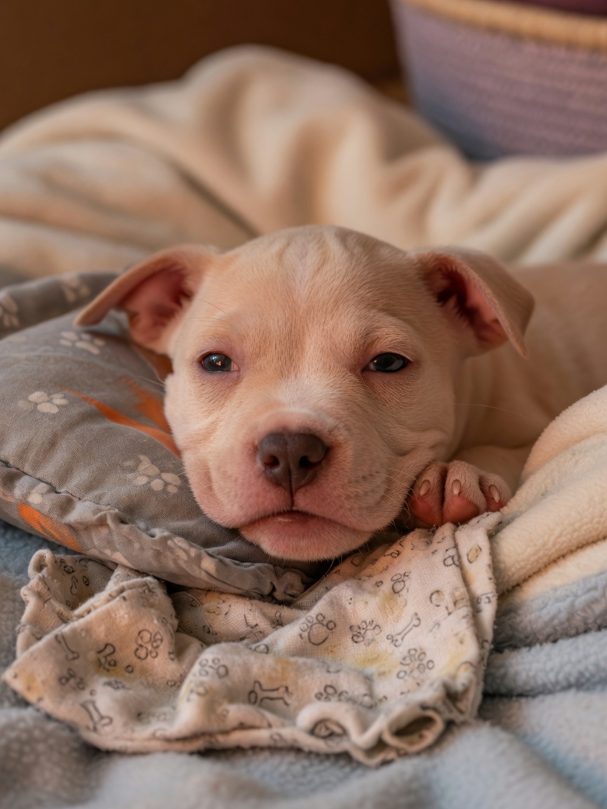 Close-up of a distressed young puppy's face showing signs of separation anxiety and physiological stress