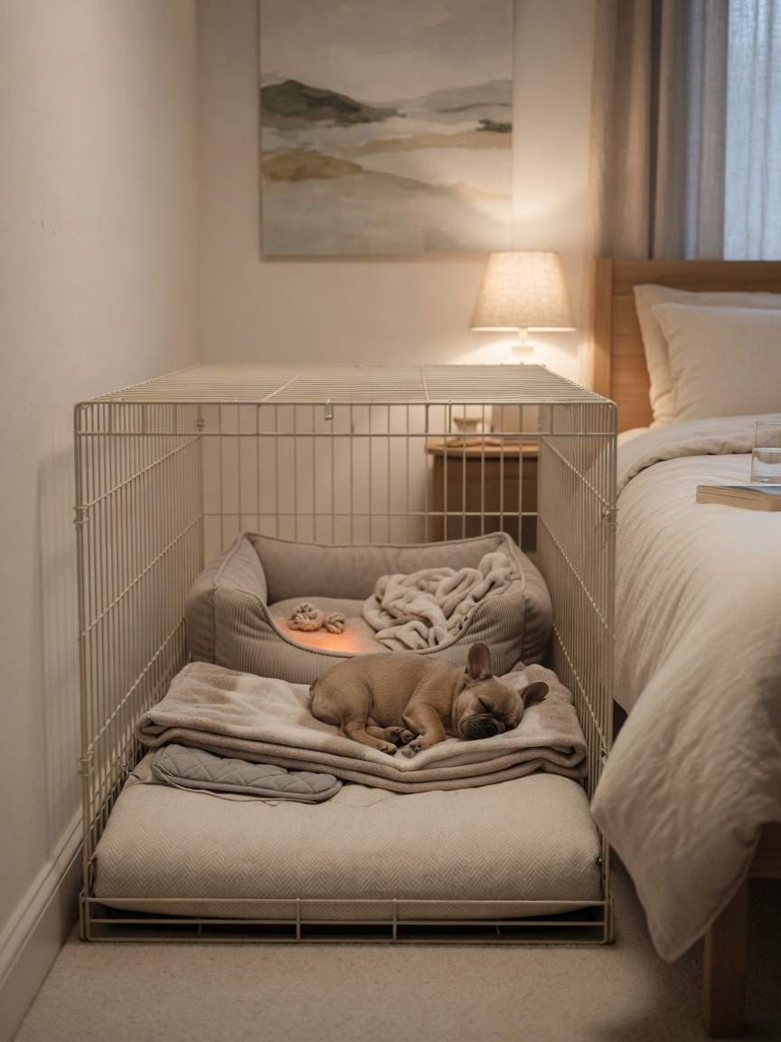 Puppy crate with soft bedding positioned beside parent's bed in bedroom