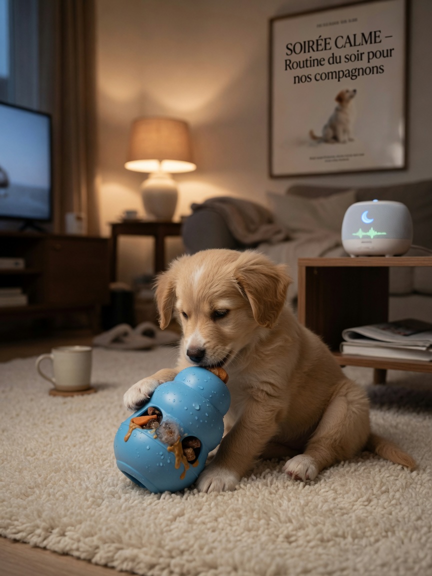 Puppy contentedly playing with food-stuffed toy during calm bedtime routine
