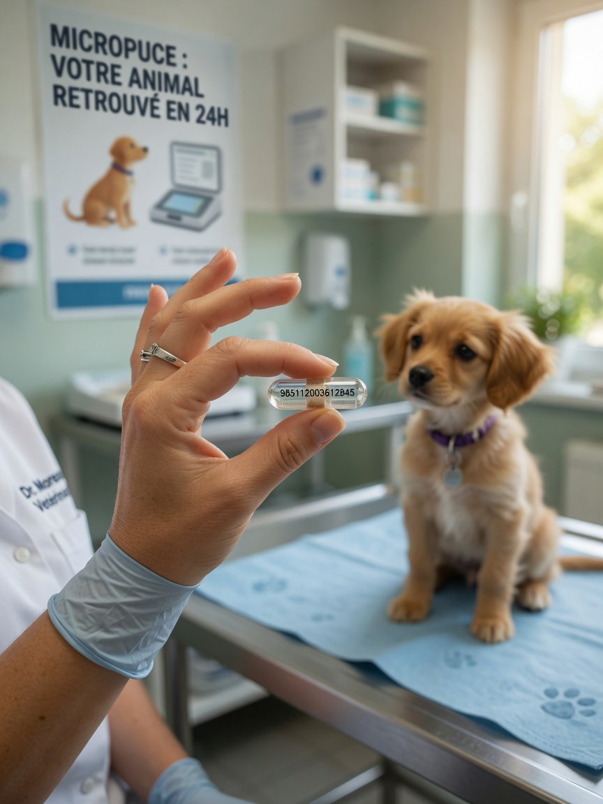 Veterinarian showing the tiny microchip device to puppy owners during first vet visit