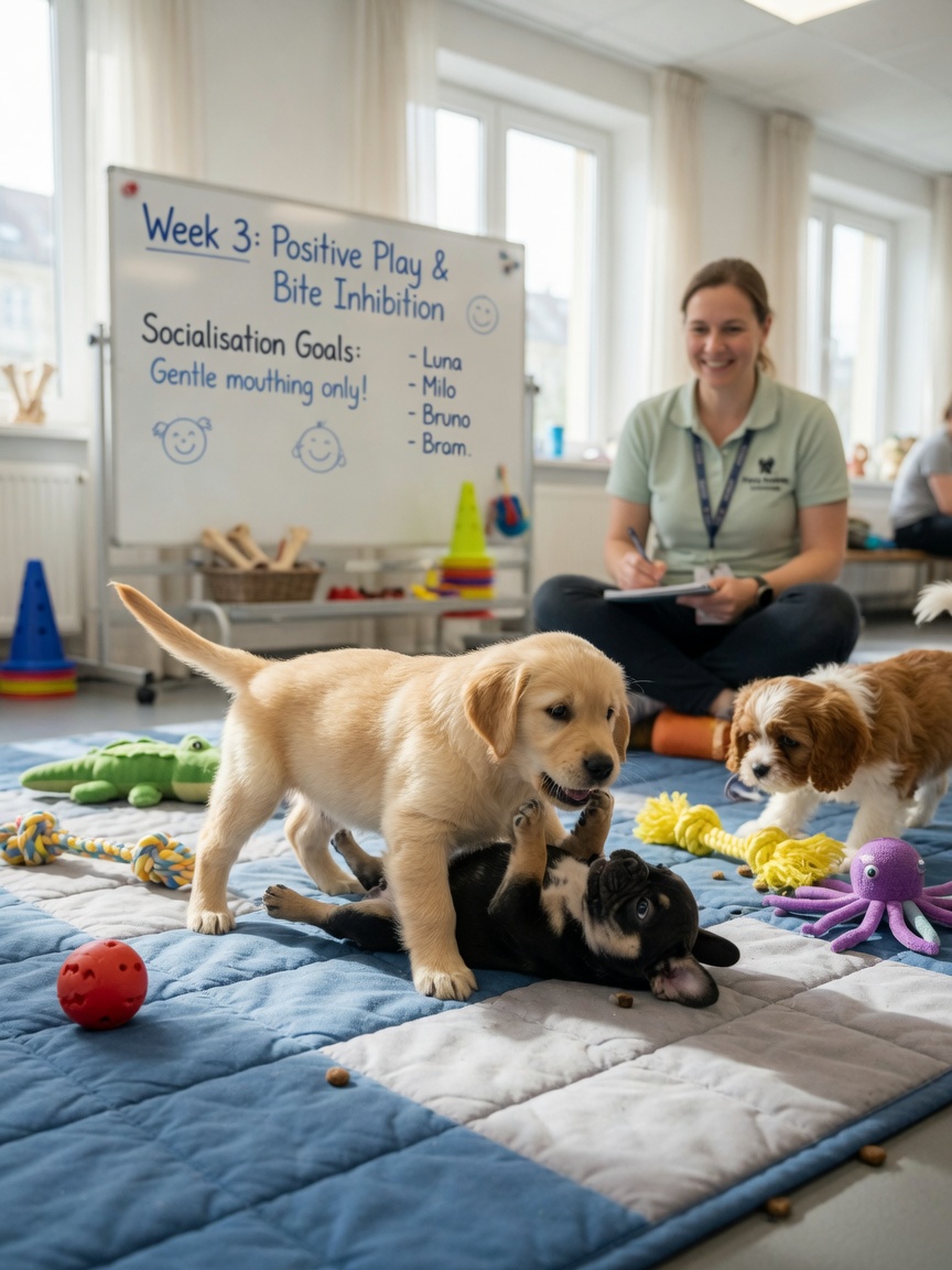Puppies socialising and playing together in a professional puppy training class during critical development window