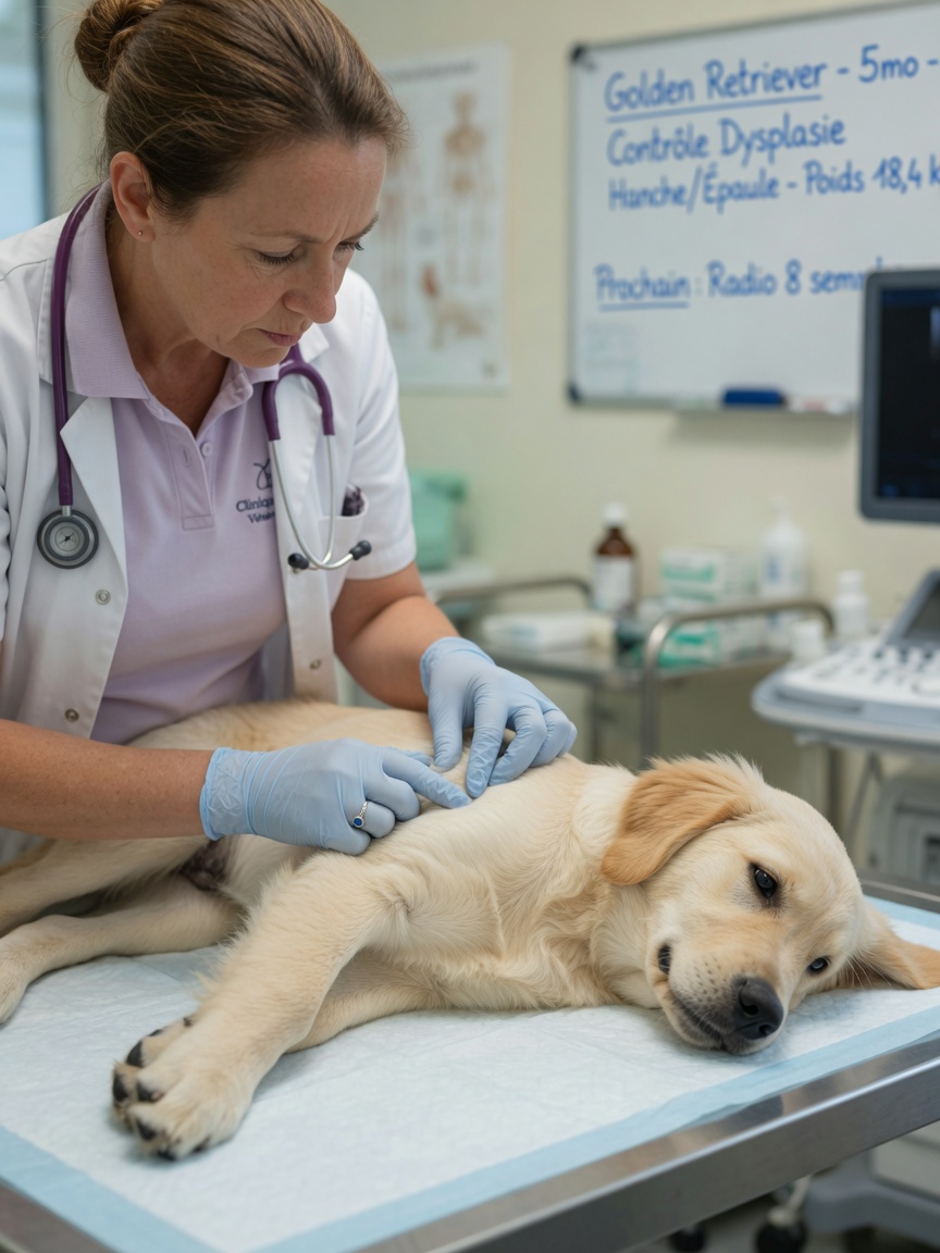 Veterinarian examining a large breed puppy's joint and skeletal development during clinical examination