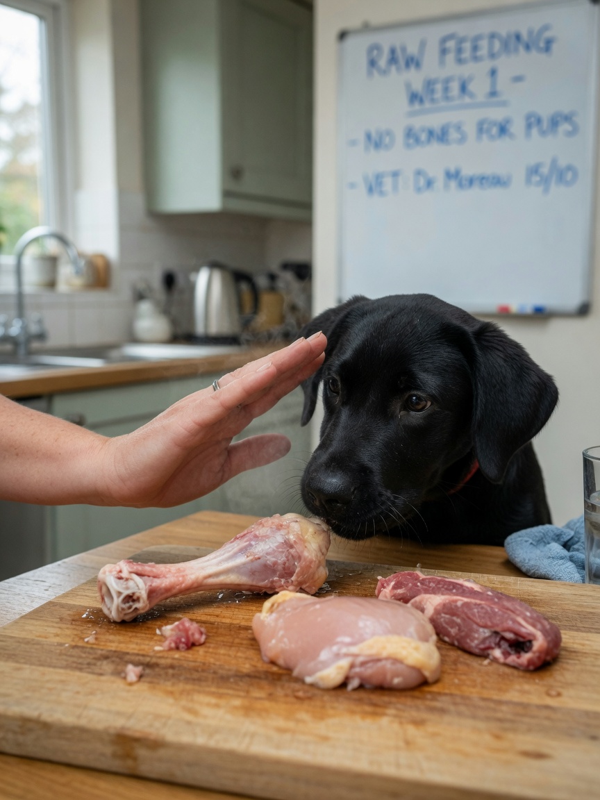 Raw chicken bone and meat on cutting board with puppy approaching and concerned owner's protective hand nearby