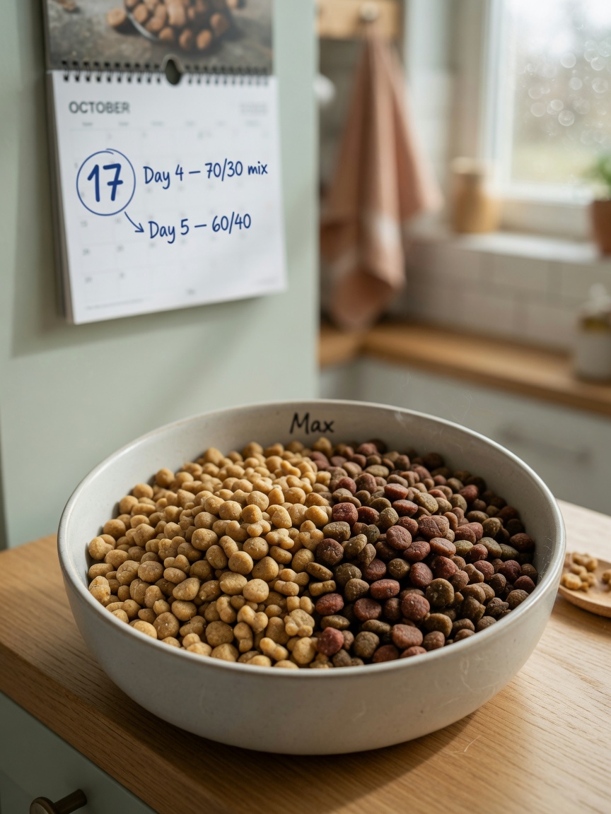 A dog food bowl showing mixed puppy and adult kibble in transition proportions