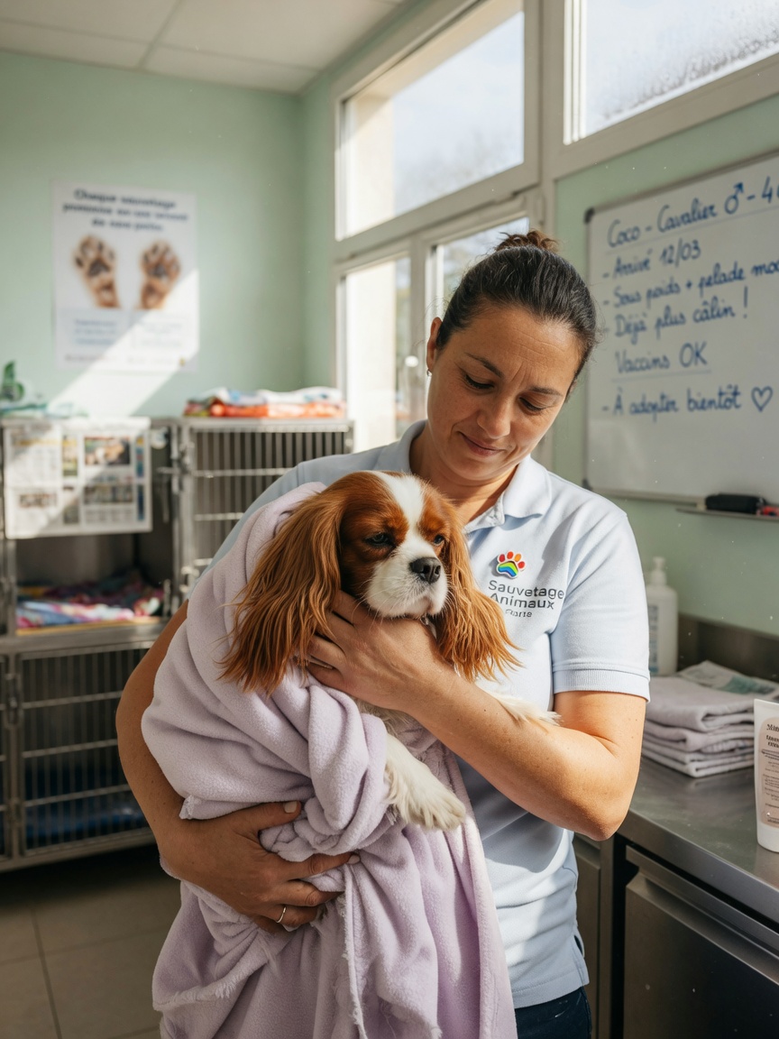 A rescued Cavalier King Charles Spaniel being cared for in a shelter, representing recovery from puppy mill conditions