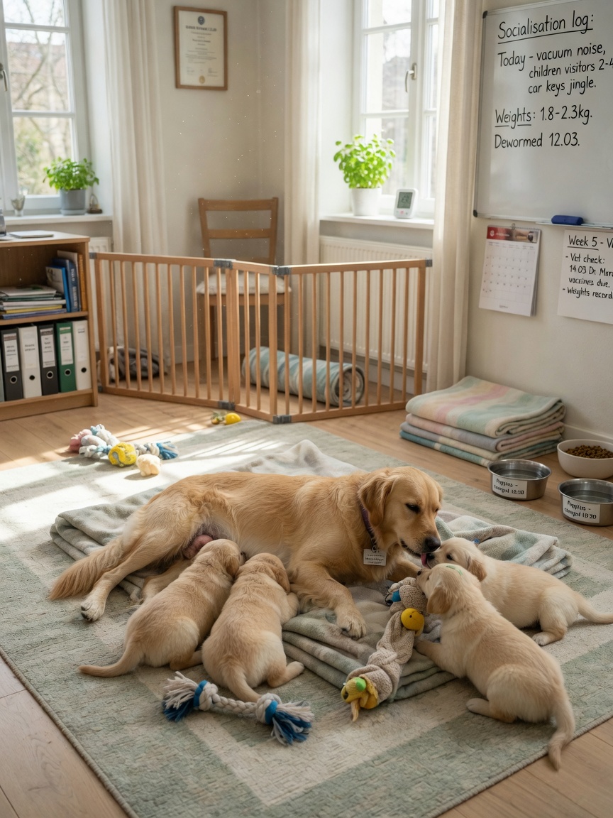 A responsible breeder's home with a healthy mother dog and puppies in a clean, caring environment with natural light