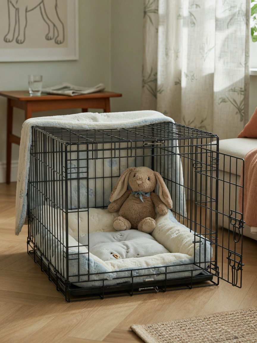 Clean puppy crate with bedding and toy, proper size for potty training management