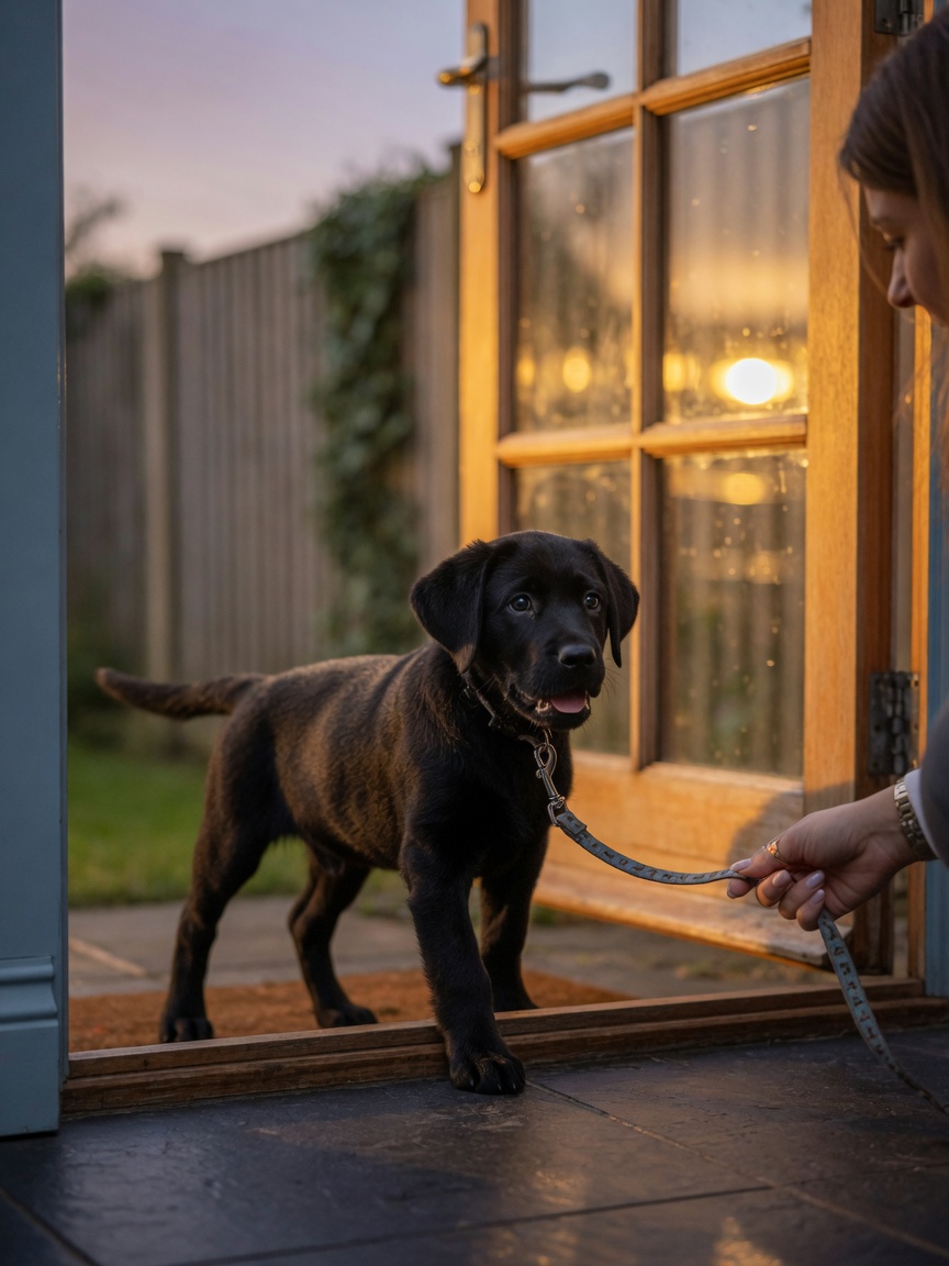 Young Labrador puppy on leash at back door being taken outside for scheduled potty break