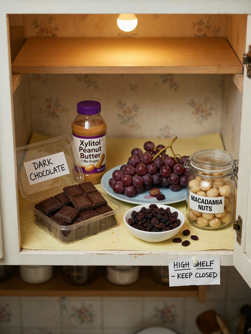 Toxic foods secured in a high kitchen cupboard