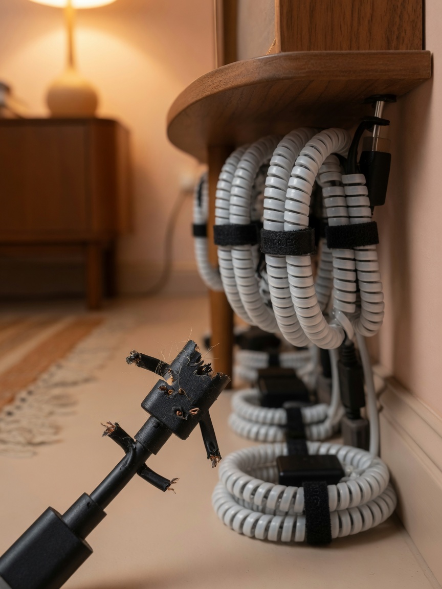 Electrical cables protected with spiral wrap behind furniture
