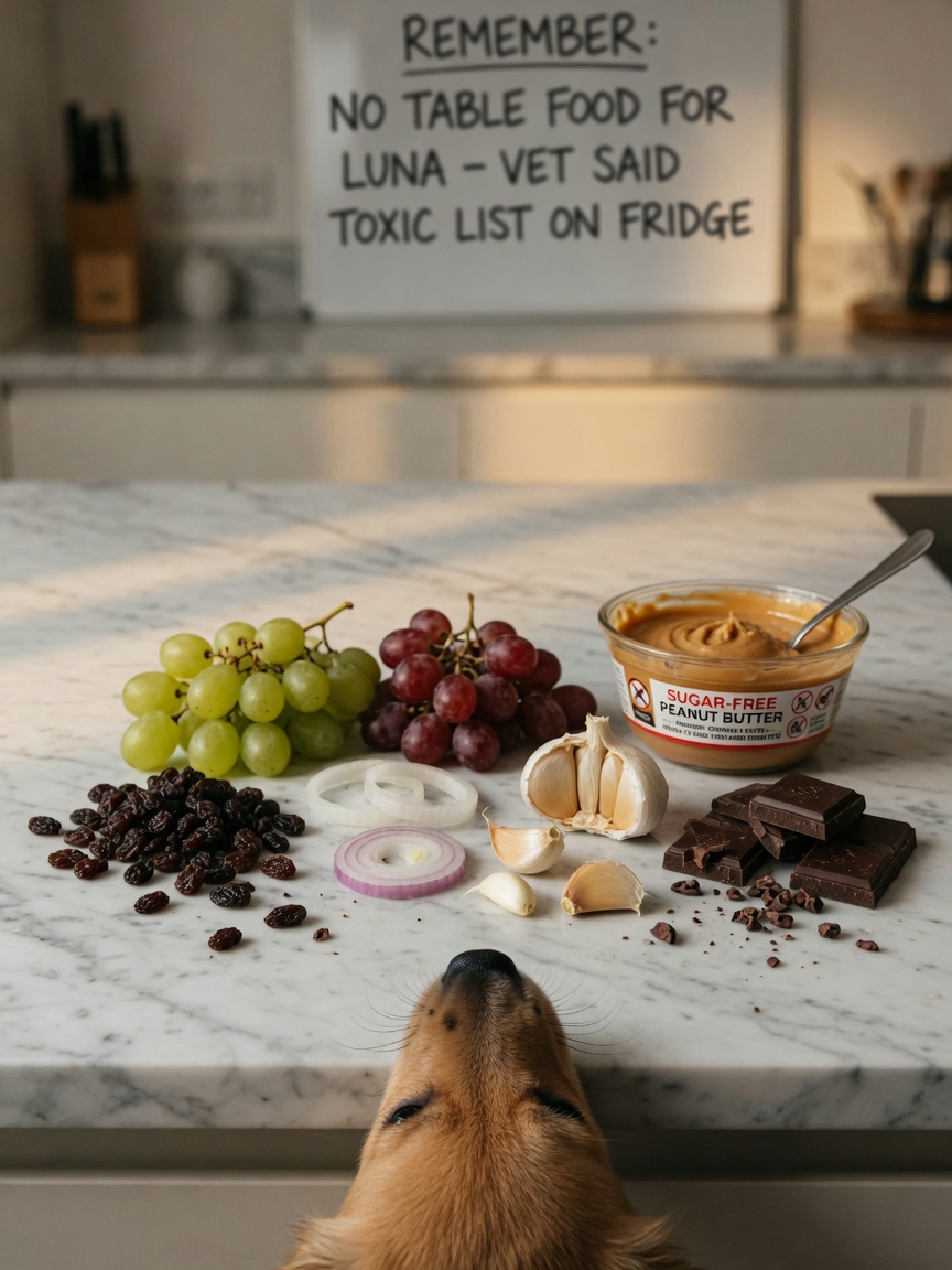 Toxic foods for puppies arranged on kitchen counter with puppy reaching from below