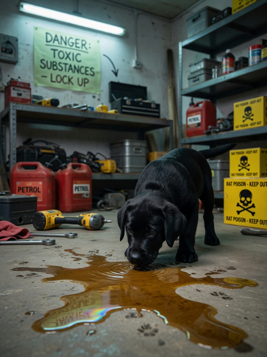 Puppy investigating dangerous antifreeze spill in a garage with toxic chemicals stored nearby