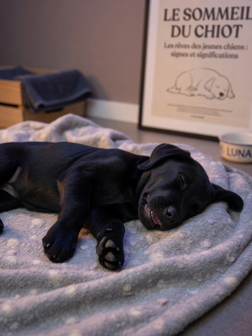 A black Labrador puppy in REM sleep showing visible eye movement, twitching paws, and gentle vocalizations during a dream state
