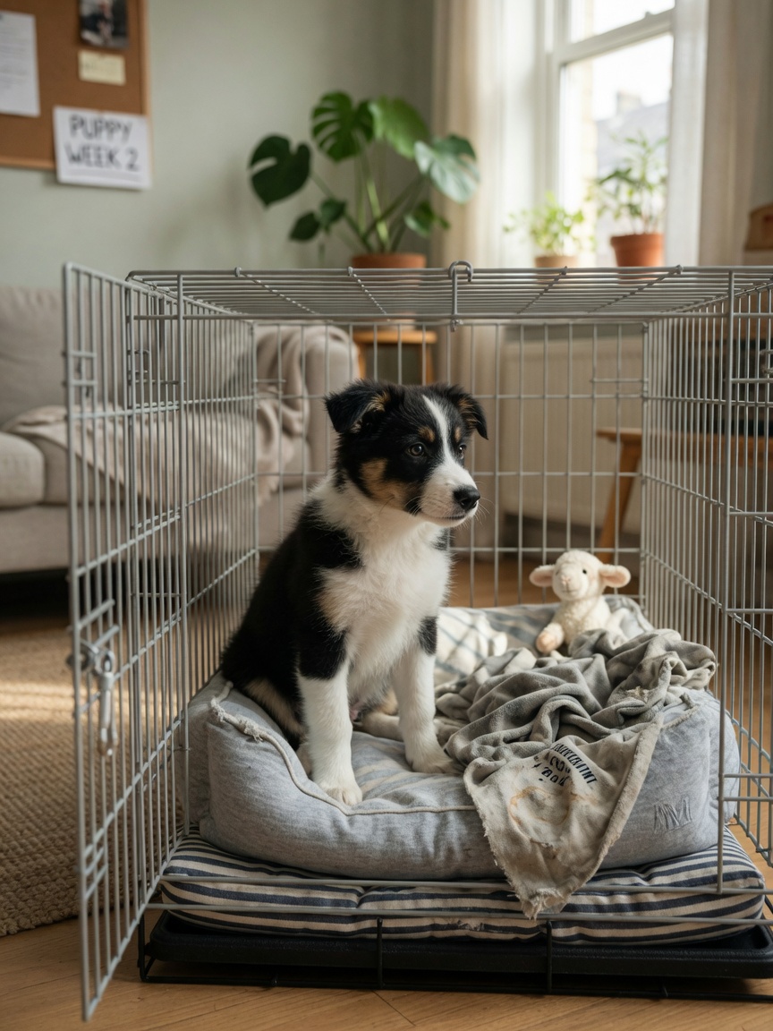 A black and white border collie puppy resting in a properly-sized crate with soft bedding and a worn blanket, positioned in warm home lighting