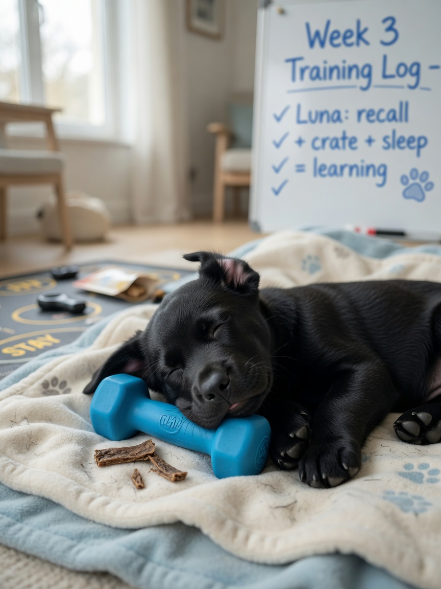 Young black Labrador puppy resting peacefully on soft blanket after training, illustrating sleep and learning consolidation